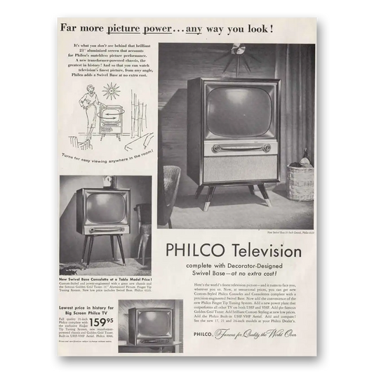 1955 Philco Television Decorator Designed Swivel Base Vintage Magazine Print Ad