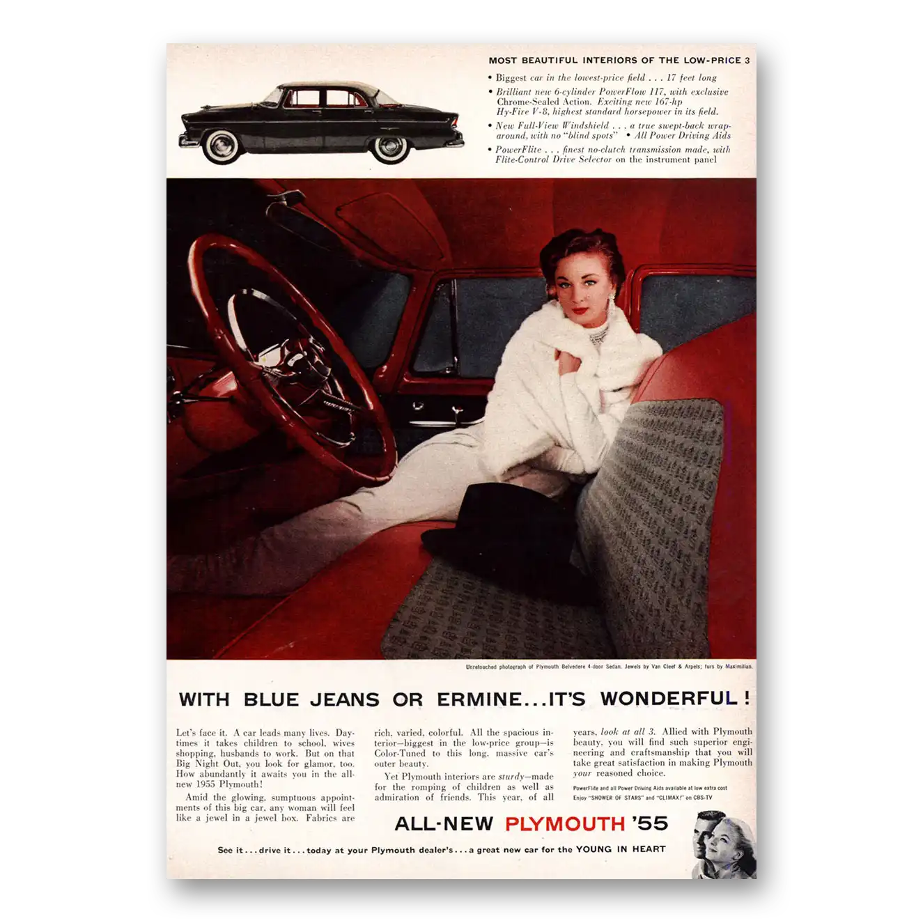 1955 Plymouth With Blue Jeans or Ermine Its Wonderful Vintage Magazine Print Ad