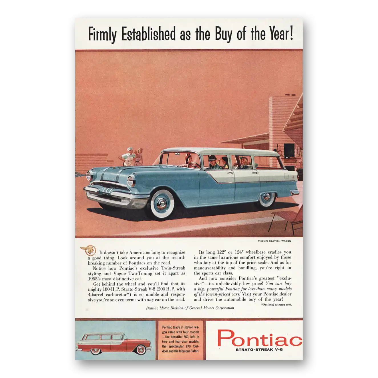 1955 Pontiac Station Wagon Firmly Established Vintage Magazine Print Ad