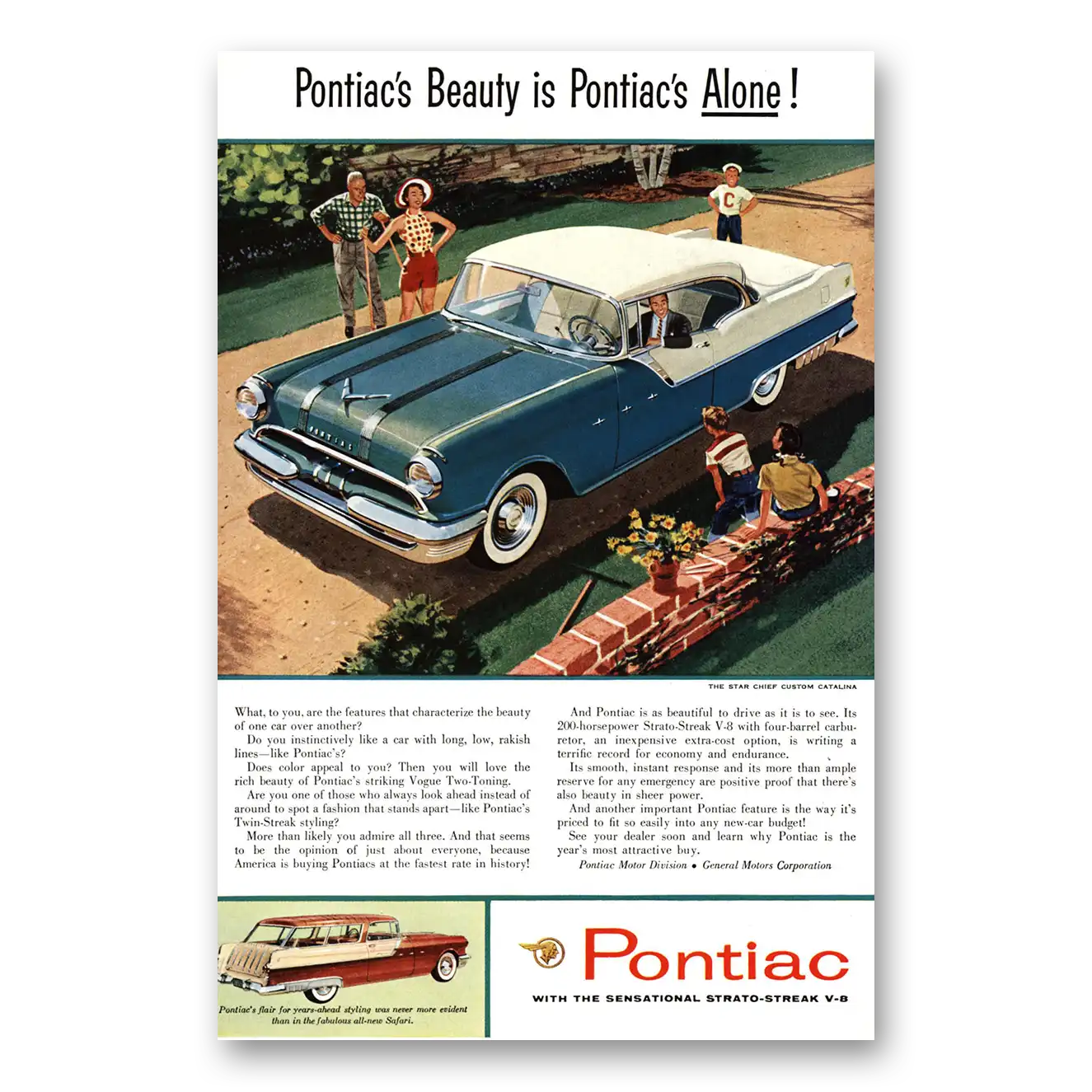 1955 Pontiac Star Chief Custom Catalina Beauty is Pontiacs Alone Vintage Magazine Print Ad