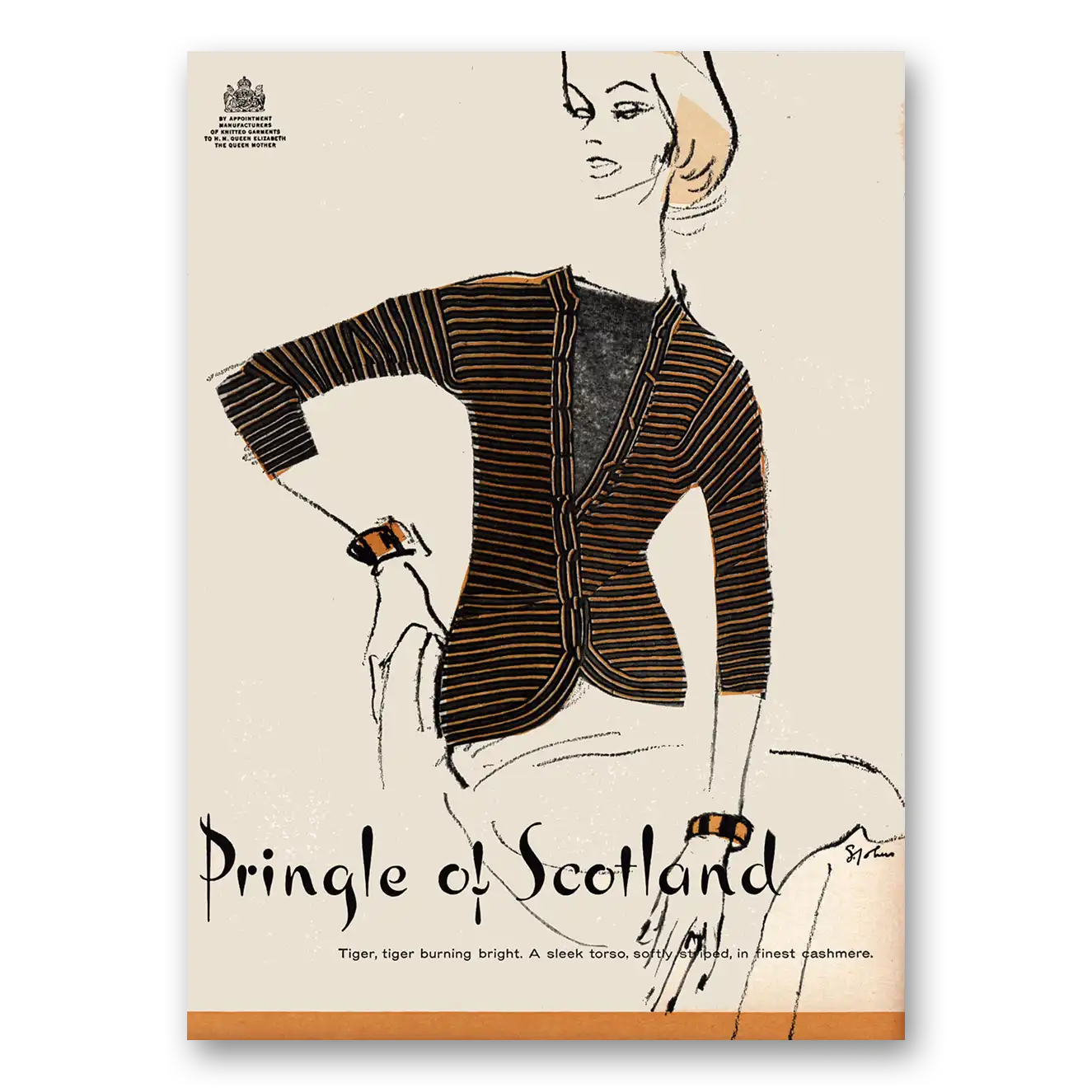 1955 Pringle of Scotland Fashion Tiger Burning Bright Vintage Magazine Print Ad