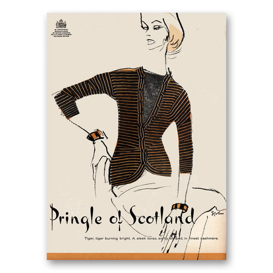 1955 Pringle of Scotland Fashion Tiger Burning Bright Vintage Magazine Print Ad