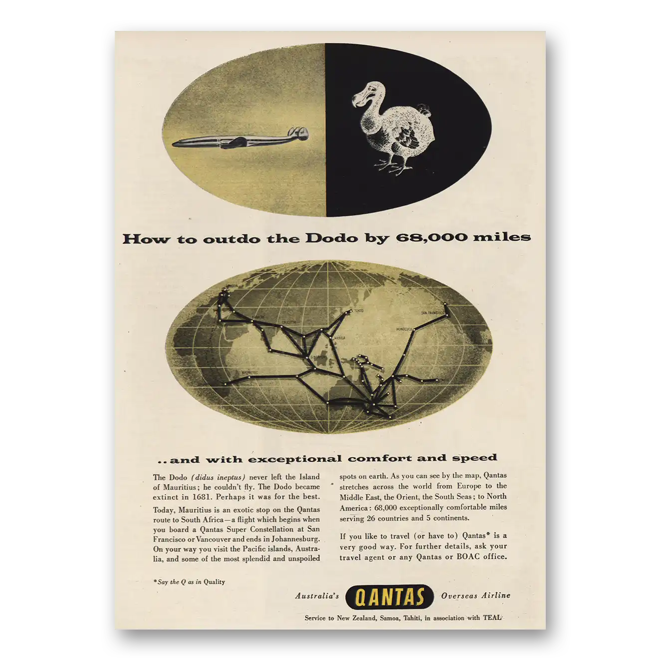 1955 Qantas Airlines Outdo the Dodo Vintage Magazine Print Ad