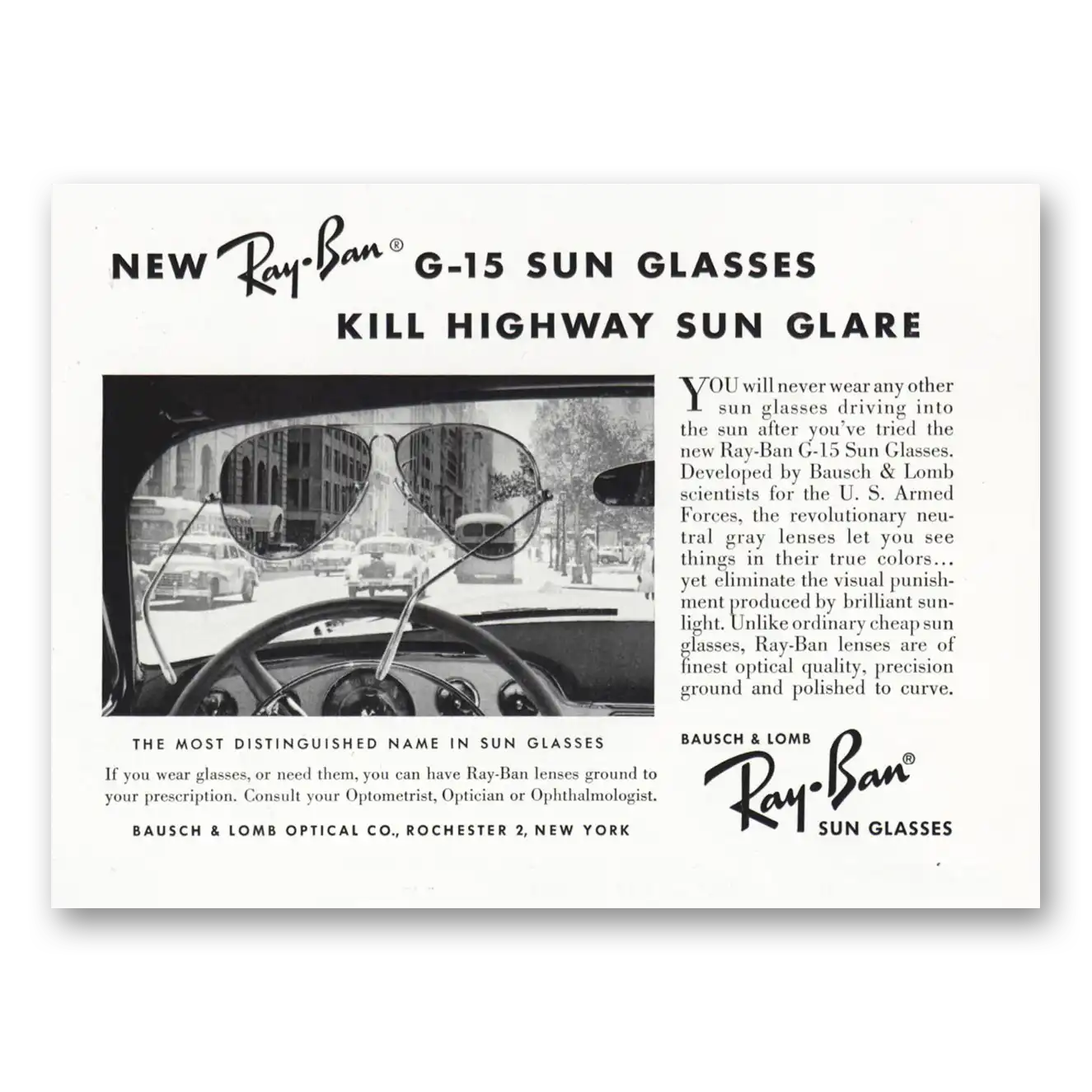 1955 Ray Ban Sun Glasses G15 Sun Glasses Kill Highway Sun Glare Vintage Magazine Print Ad