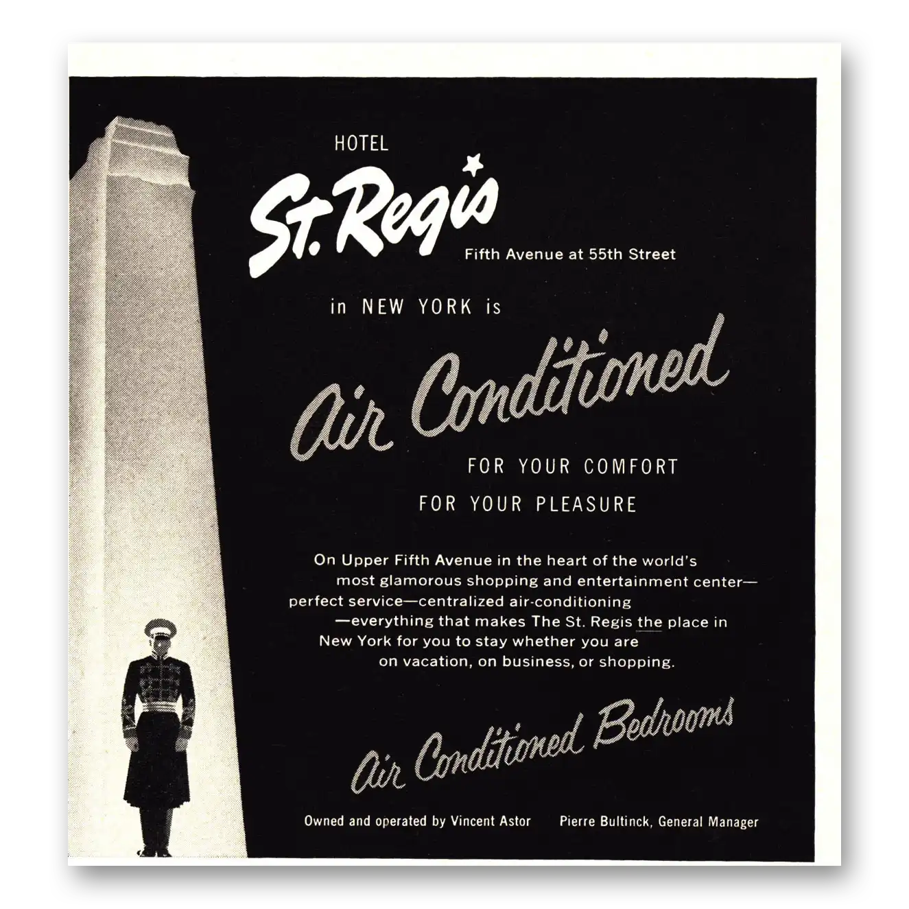 1955 St Regis Hotels Air Conditioned Vintage Magazine Print Ad