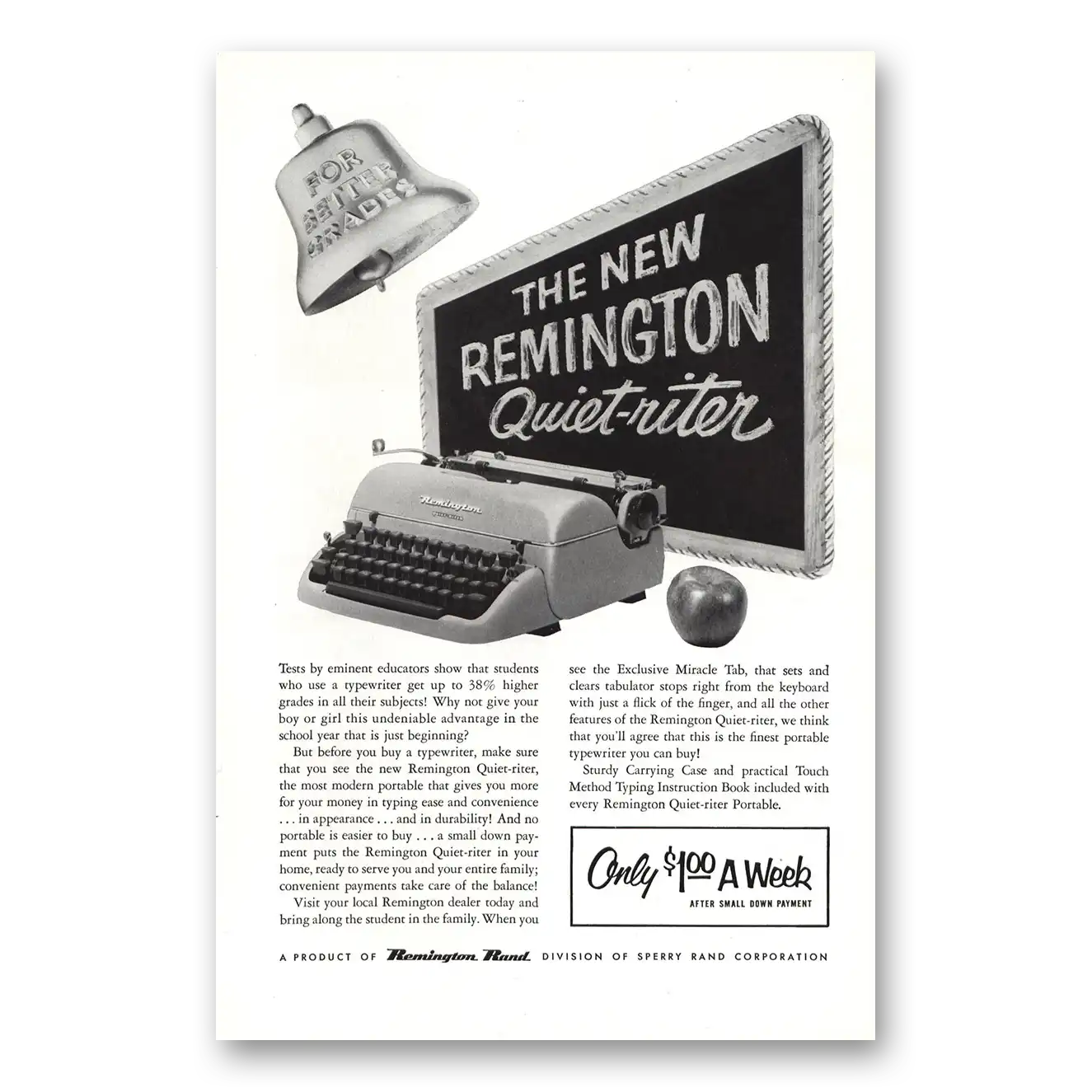 1955 Remington Typewriter Quiet Riter For Better Grades Vintage Magazine Print Ad