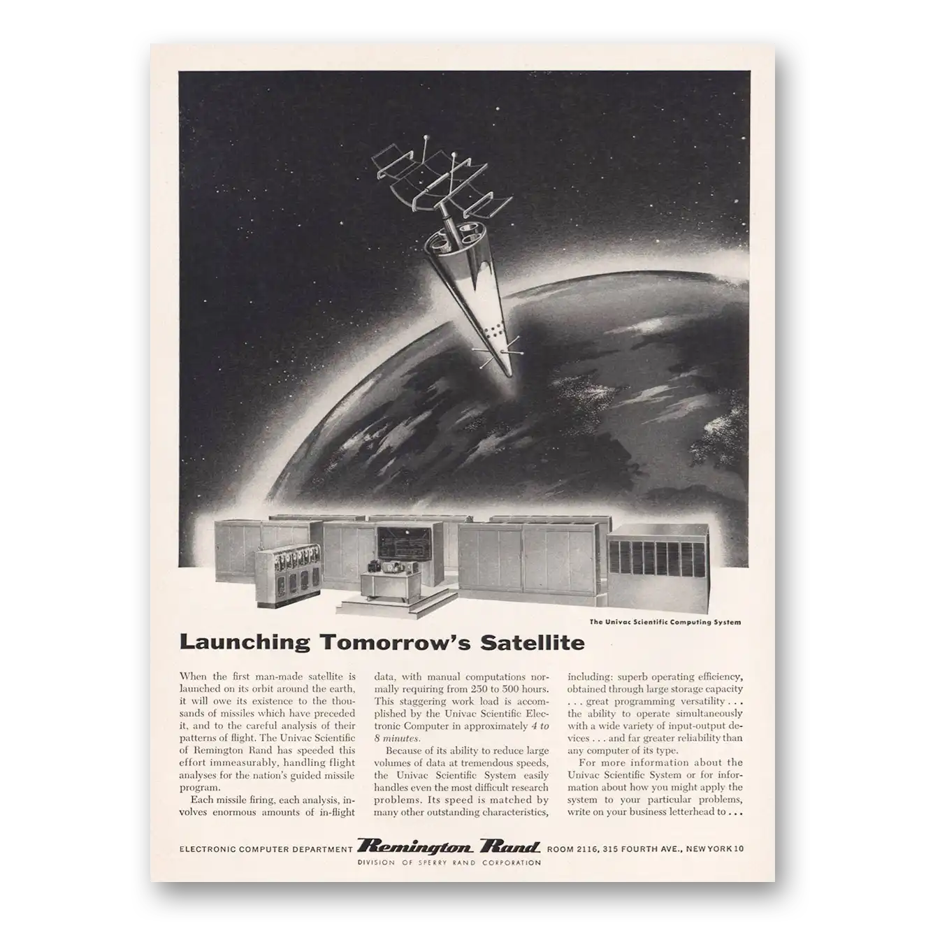 1955 Remington Rand Computers Launching Tomorrows Satellite Vintage Magazine Print Ad