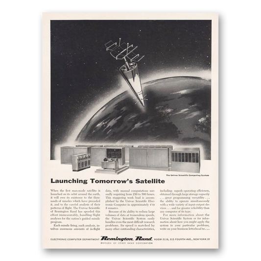 1955 Remington Rand Computers Launching Tomorrows Satellite Vintage Magazine Print Ad