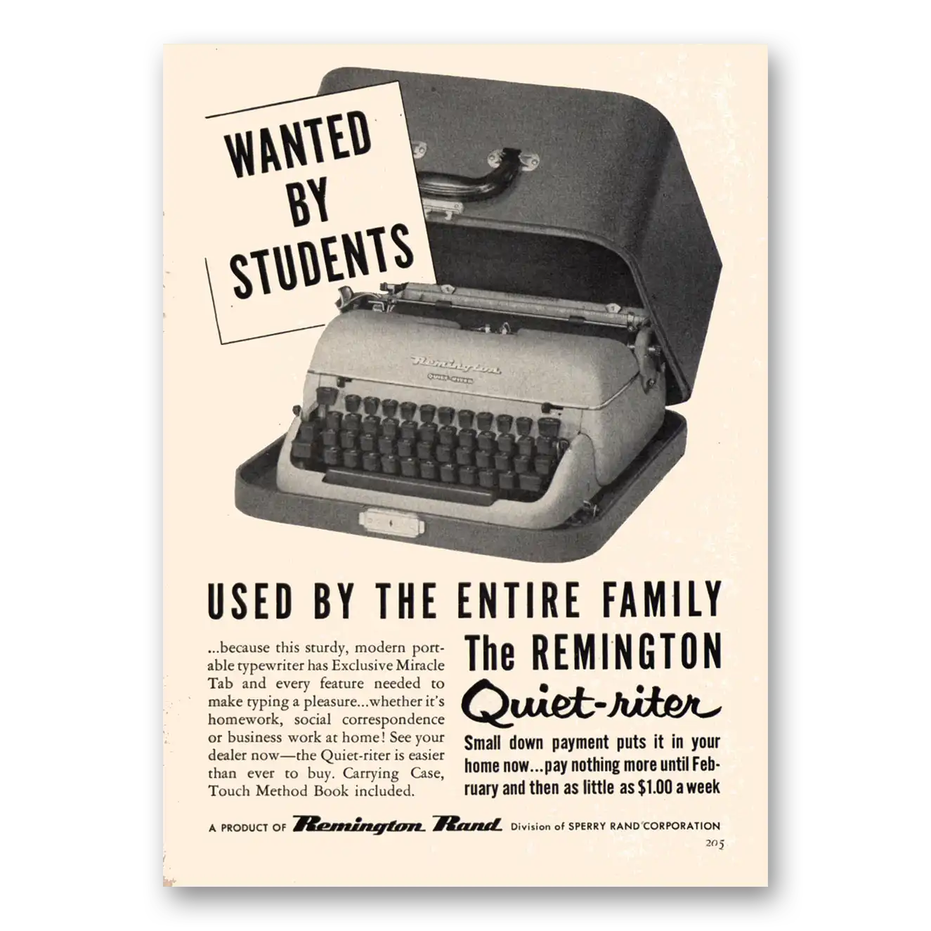 1955 Remington Typewriter Quiet Riter Wanted By Students Vintage Magazine Print Ad