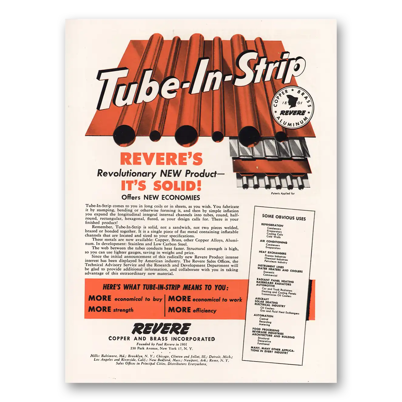 1956 Revere Copper + Brass Tube In Strip Vintage Magazine Print Ad