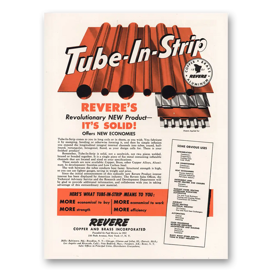 1956 Revere Copper + Brass Tube In Strip Vintage Magazine Print Ad