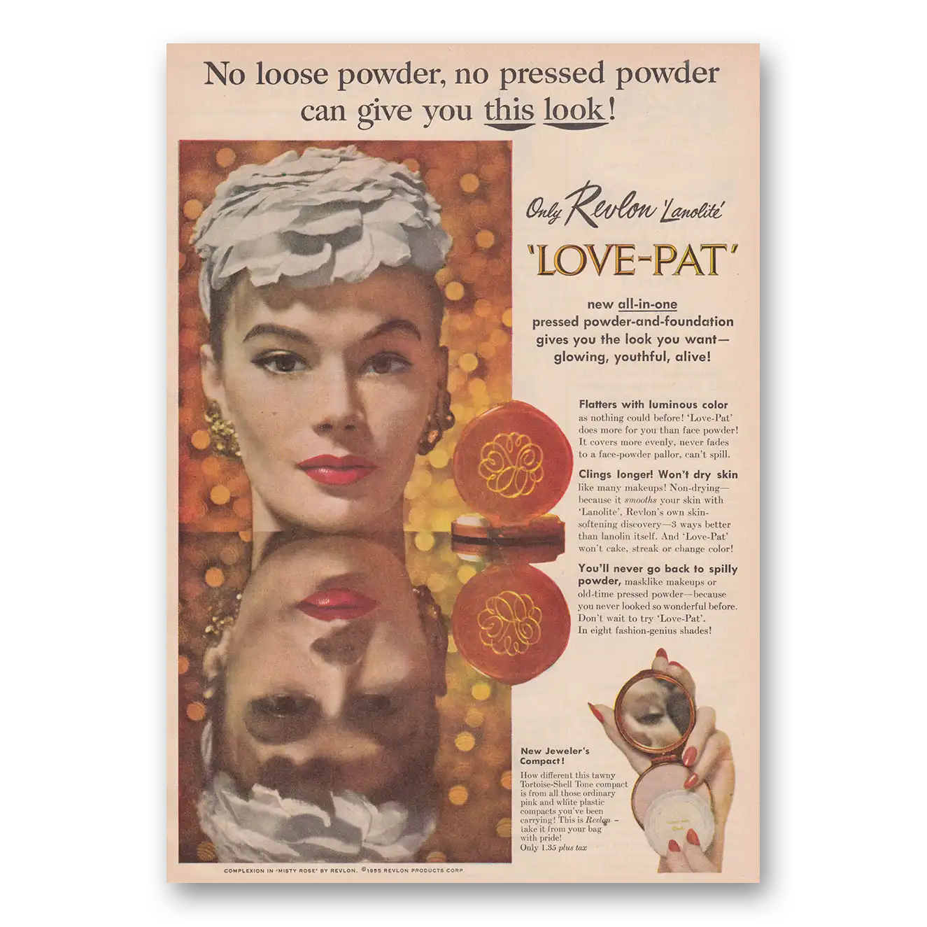 1955 Revlon Love Pat Powder No Loose Powder No Pressed Powder Vintage Magazine Print Ad