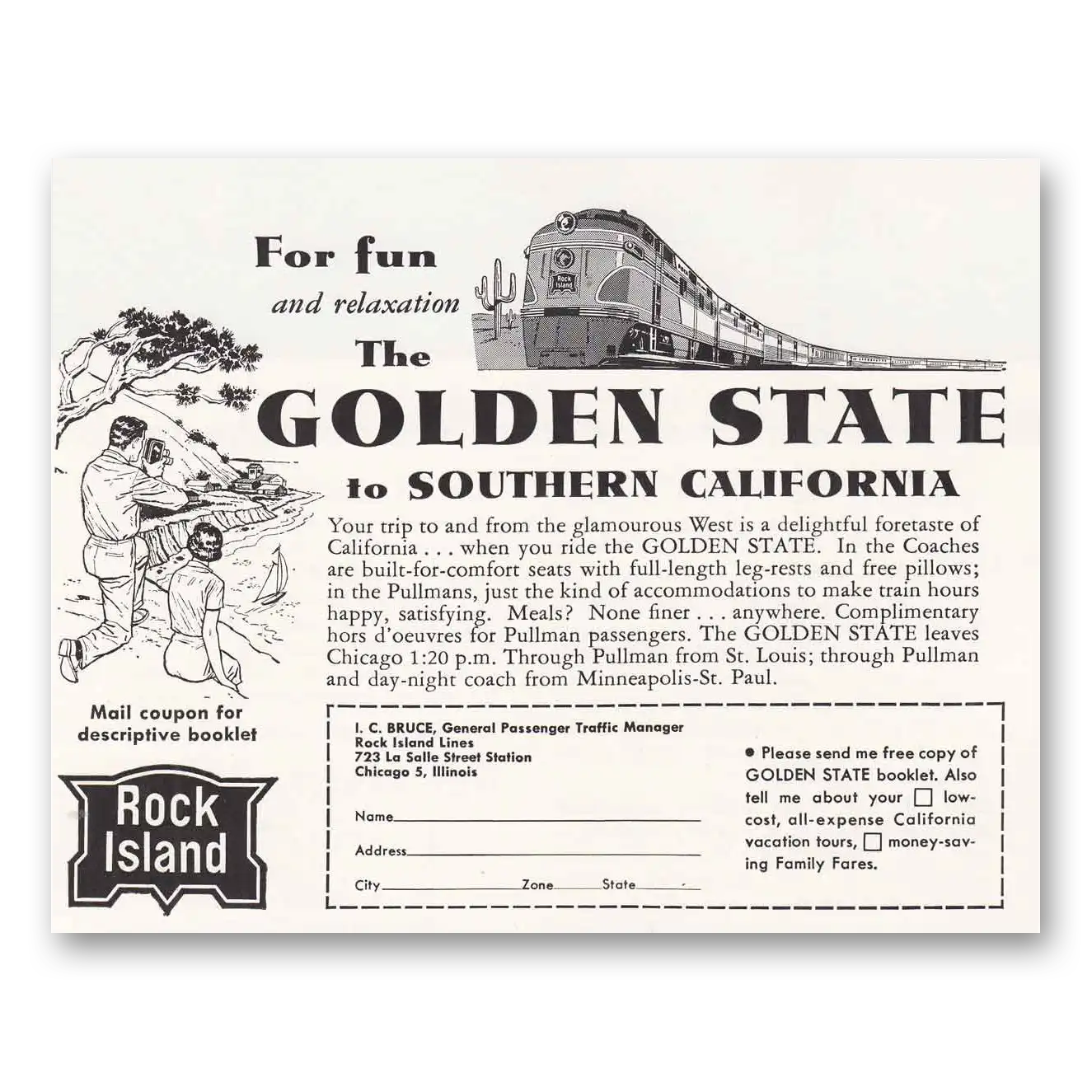 1955 Rock Island Lines Golden State of Southern Vintage Magazine Print Ad