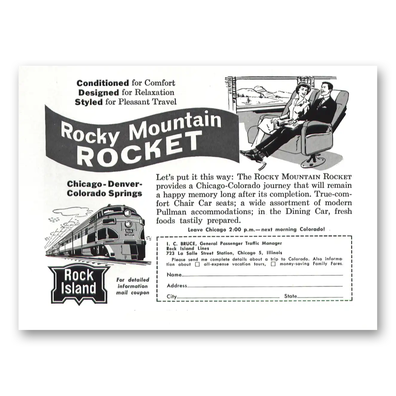 1955 Rock Island Lines Rocky Mountain Rocket Vintage Magazine Print Ad