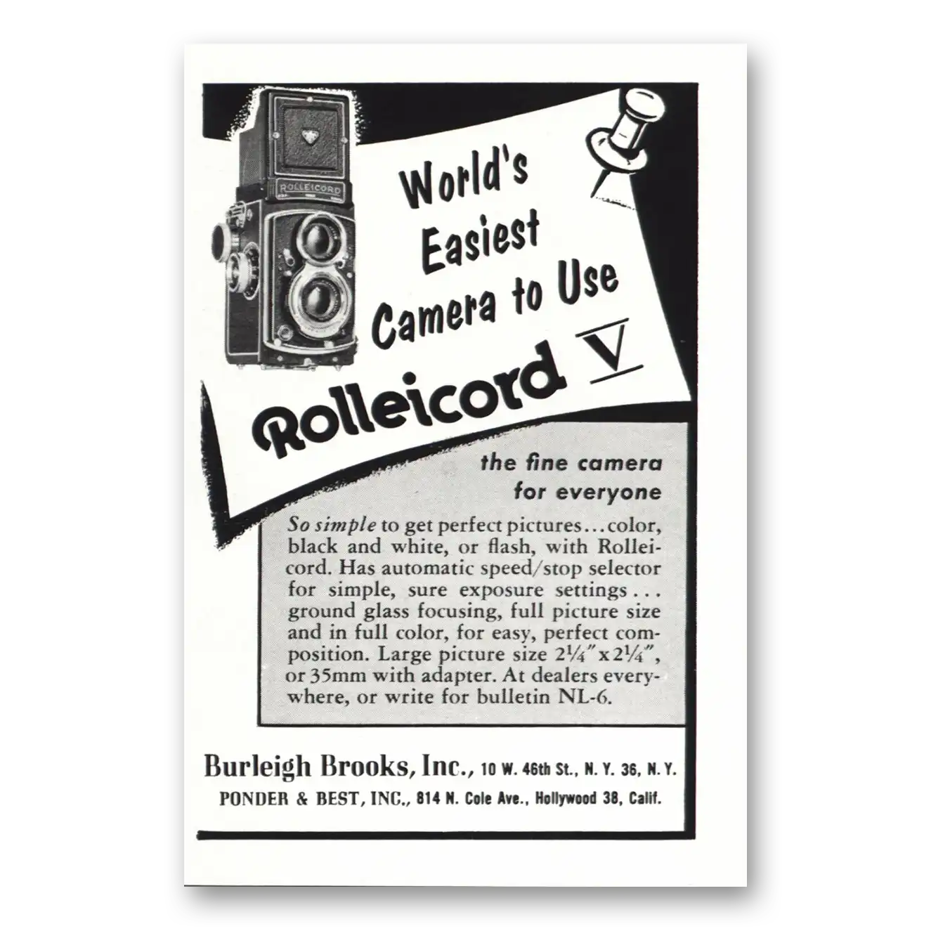 1955 Rolleicord Camera Worlds Easiest Camera Vintage Magazine Print Ad