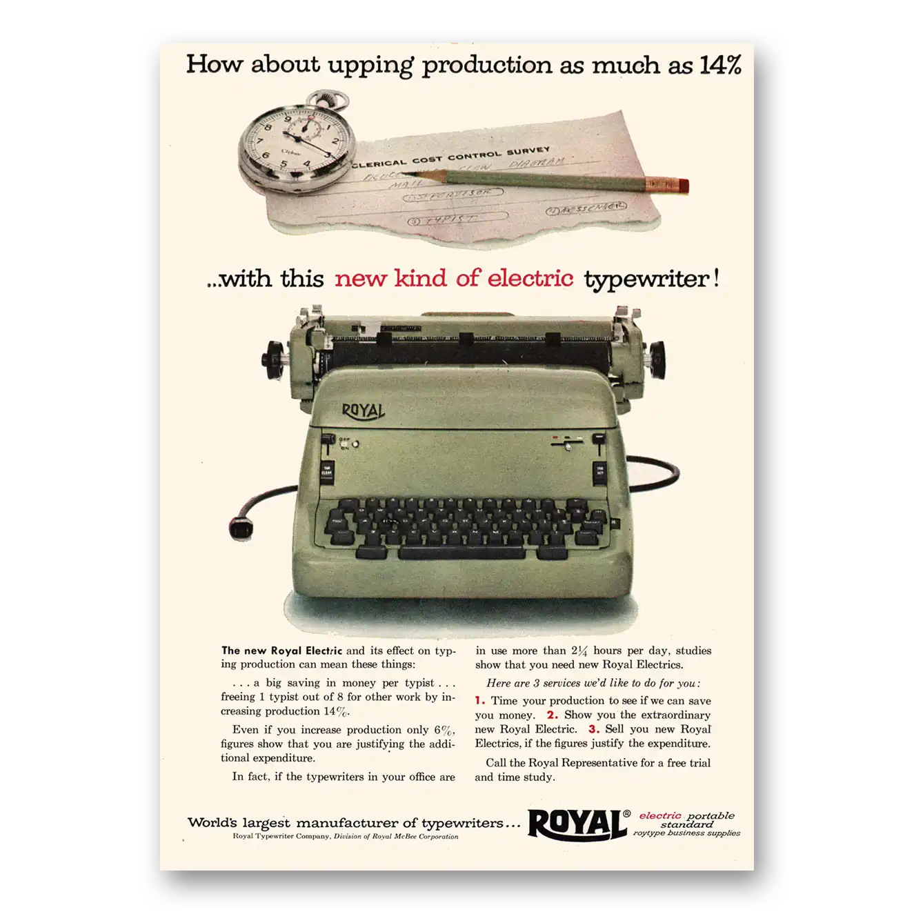 1955 Royal Typewriter New Kind of Electric Vintage Magazine Print Ad