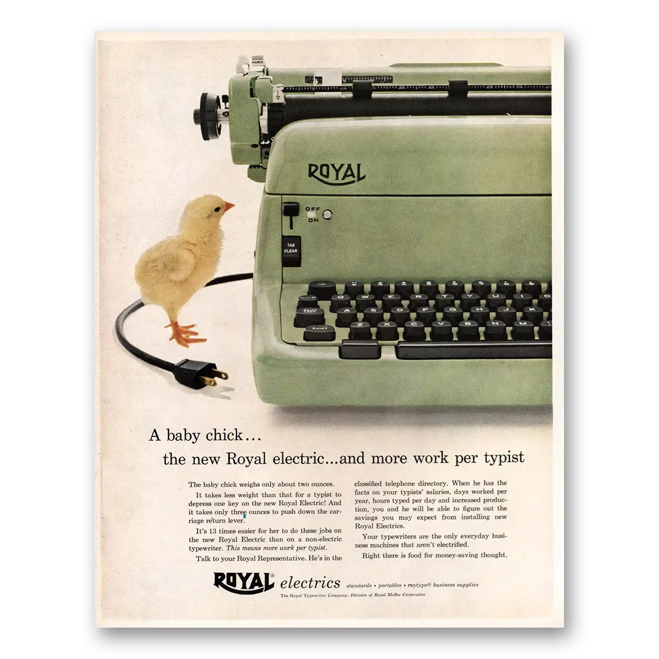 1955 Royal Typewriter Baby Chick Vintage Magazine Print Ad