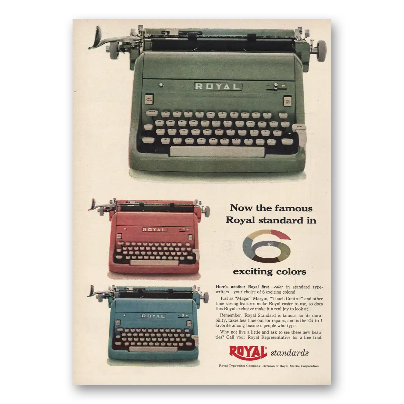 1955 Royal Typewriter 6 Exciting Colors Vintage Magazine Print Ad