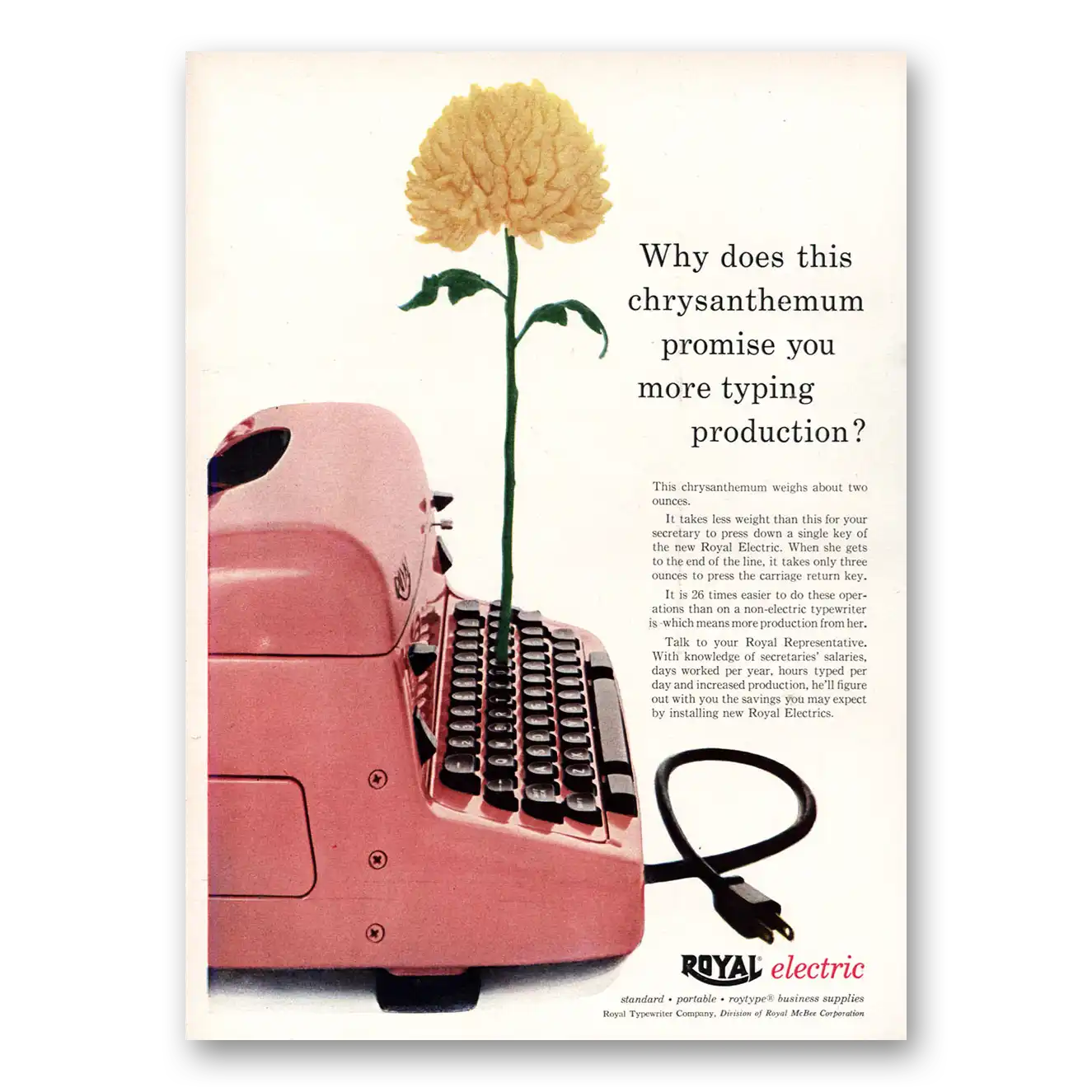 1955 Royal Typewriter Chrysanthemum Promise Vintage Magazine Print Ad