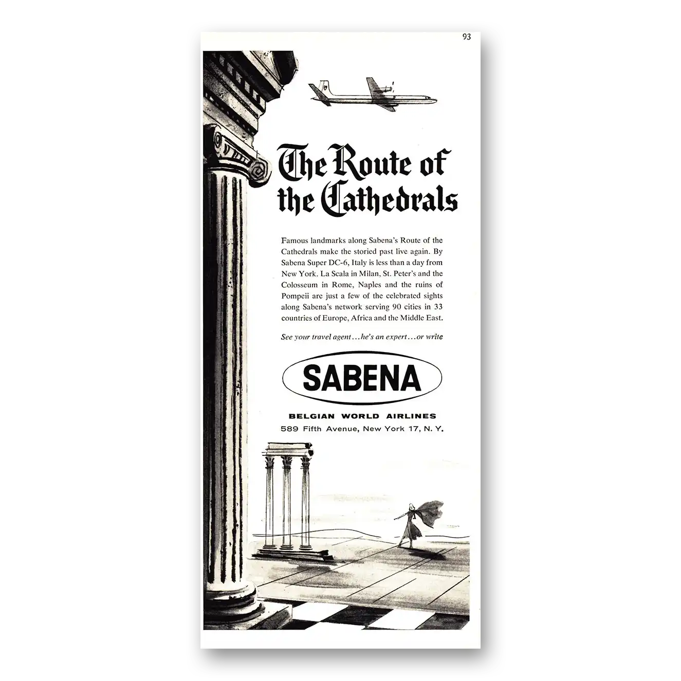 1955 Sabena Airlines Route of the Cathedrals Vintage Magazine Print Ad