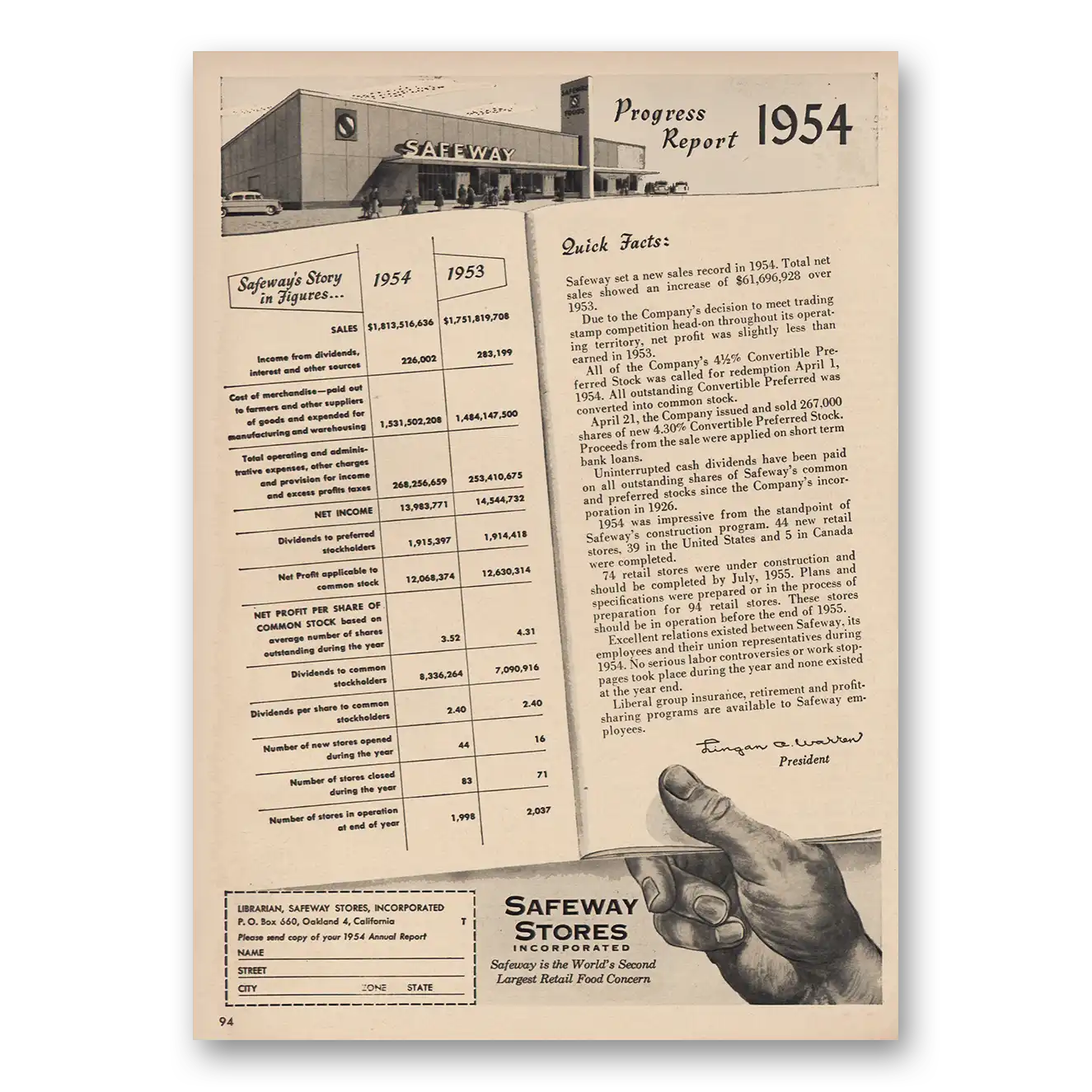 1955 Safeway Stores Progress Report Vintage Magazine Print Ad