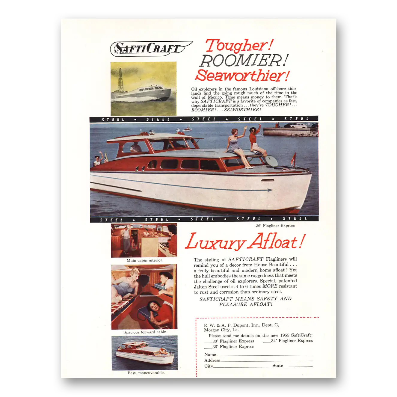 1955 SaftiCraft Flagliner Roomier Seaworthier Vintage Magazine Print Ad