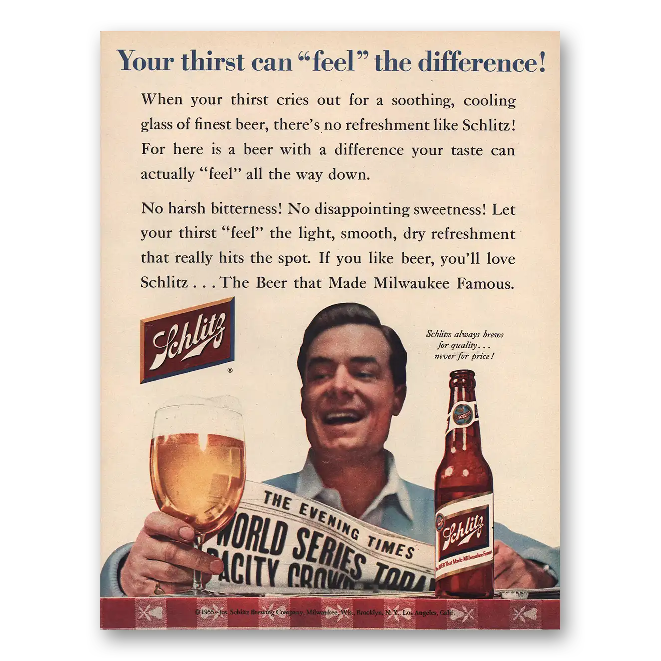 1955 Schlitz Beer World Series Vintage Magazine Print Ad