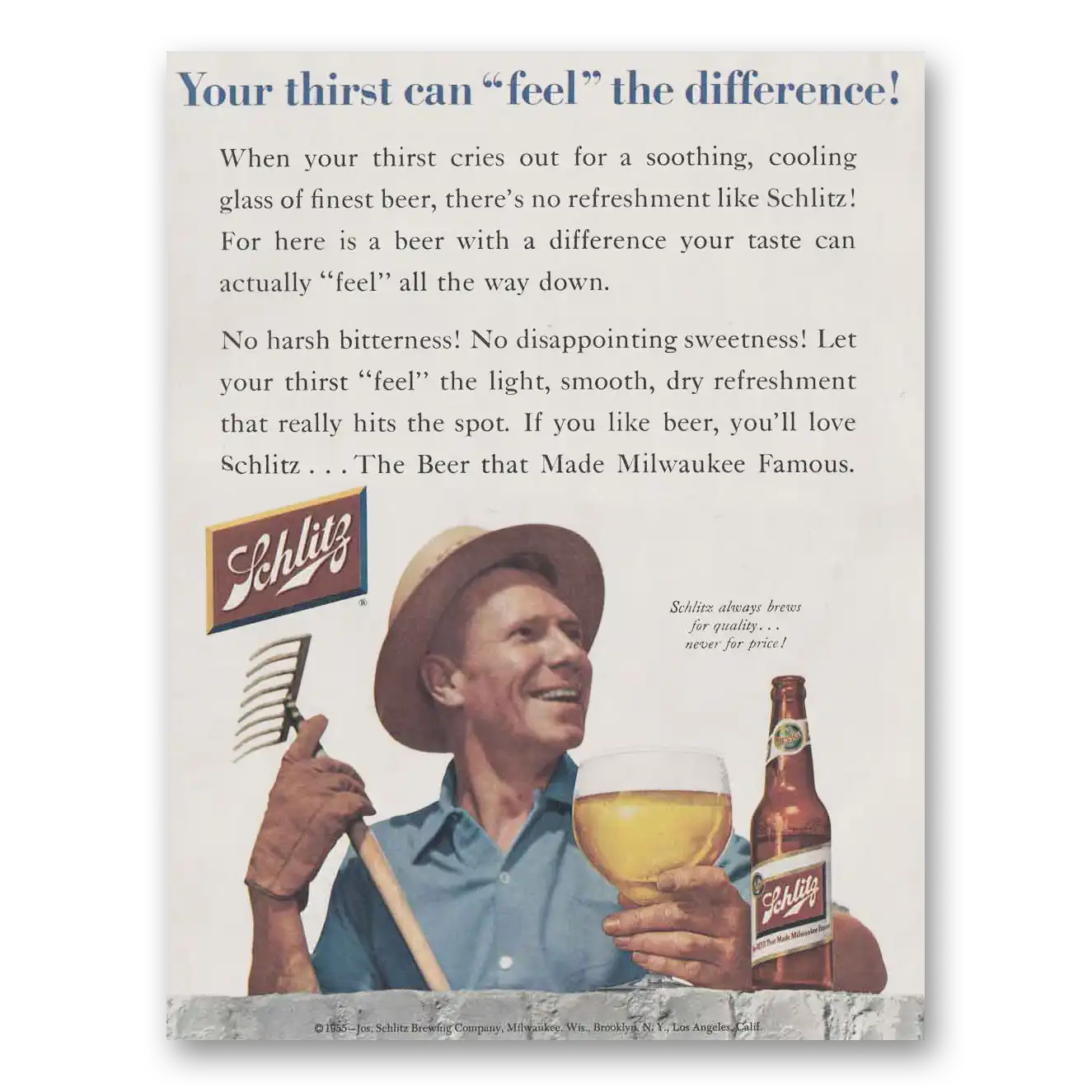 1955 Schlitz Beer Your Thirst Can Feel the Difference Vintage Magazine Print Ad