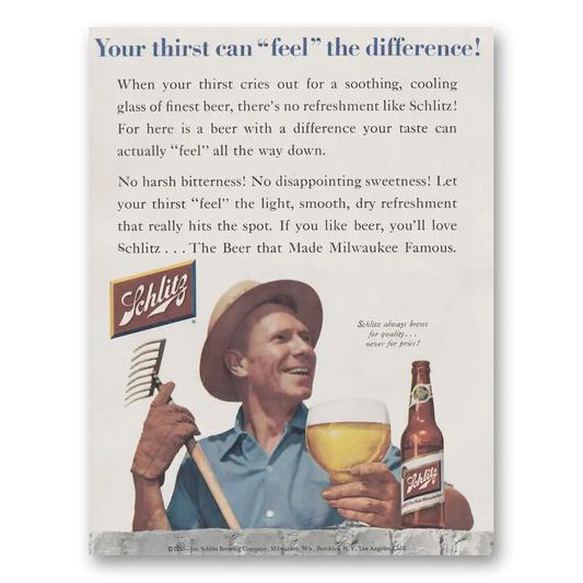 1955 Schlitz Beer Your Thirst Can Feel the Difference Vintage Magazine Print Ad