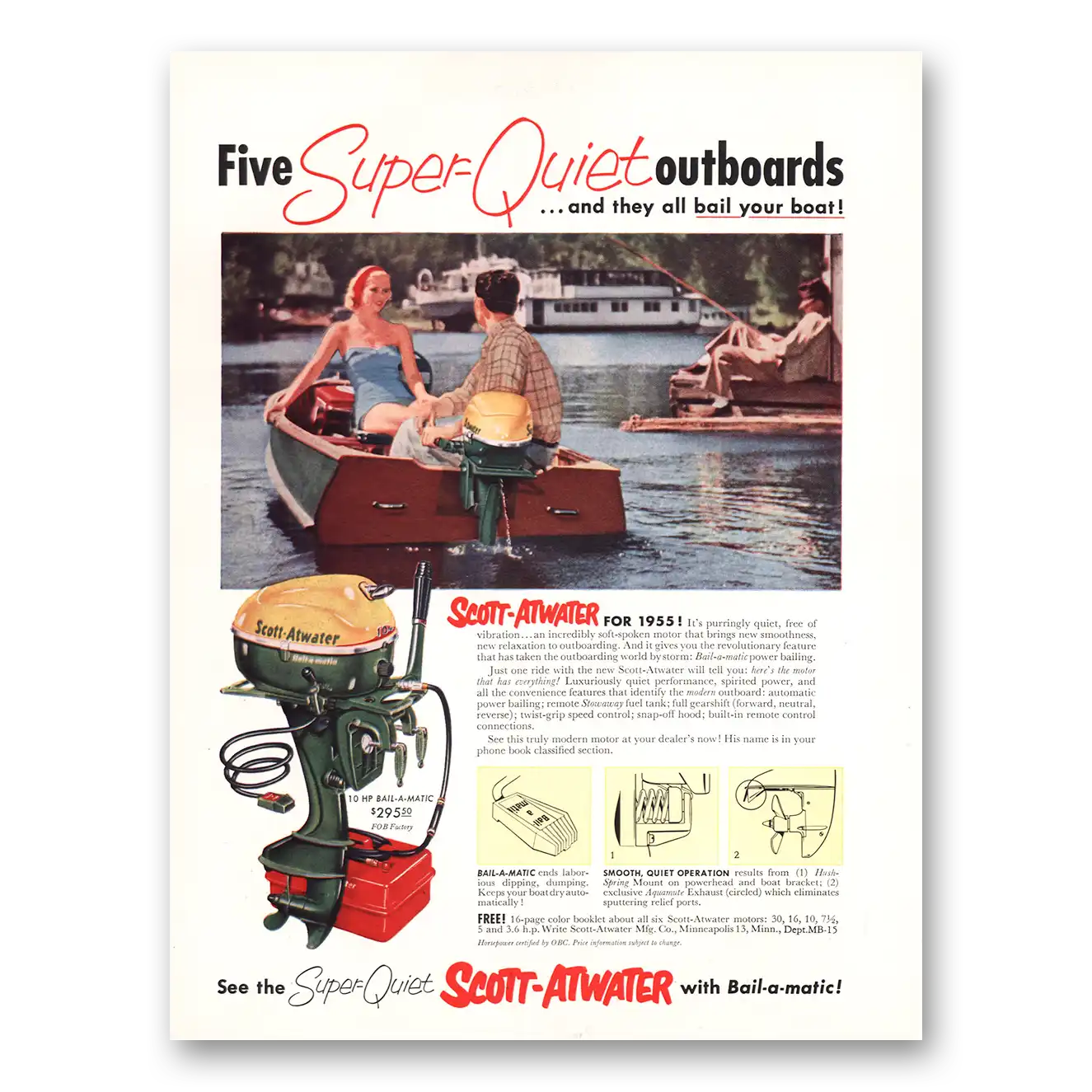 1955 Scott Atwater Outboards Super Quiet Vintage Magazine Print Ad