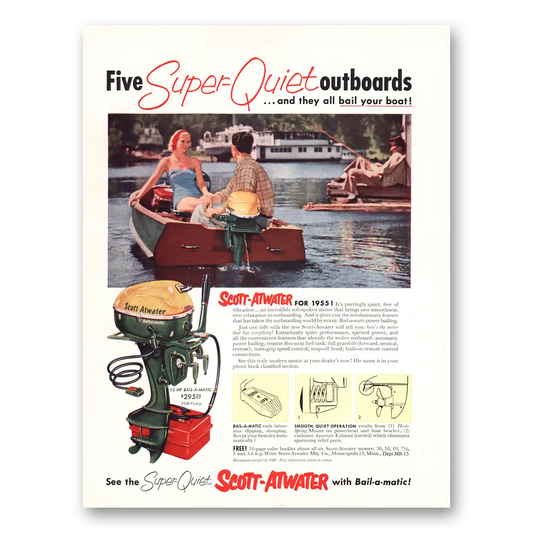 1955 Scott Atwater Outboards Super Quiet Vintage Magazine Print Ad