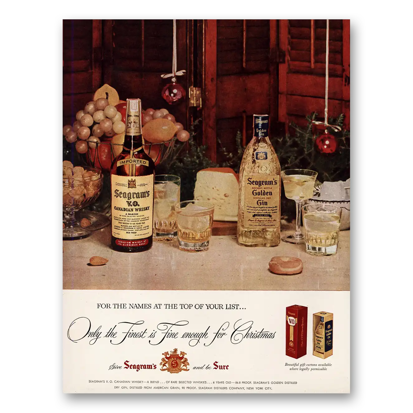 1955 Seagrams VO Whisky Finest Is Fine Enough Christmas Vintage Magazine Print Ad