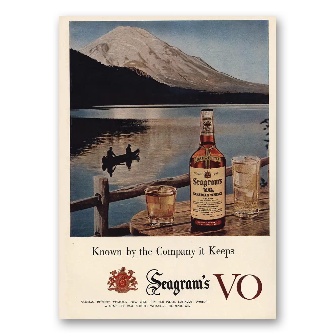 1955 Seagrams Canoe and Mountains Vintage Magazine Print Ad