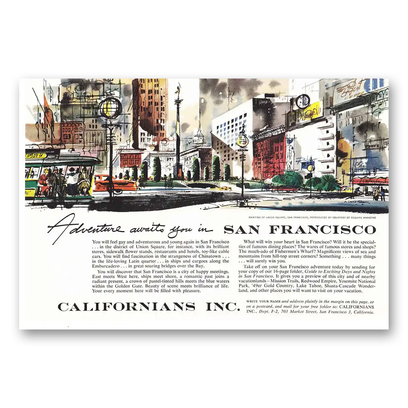 1955 San Francisco California Californians Union Square San Francisco Vintage Magazine Print Ad