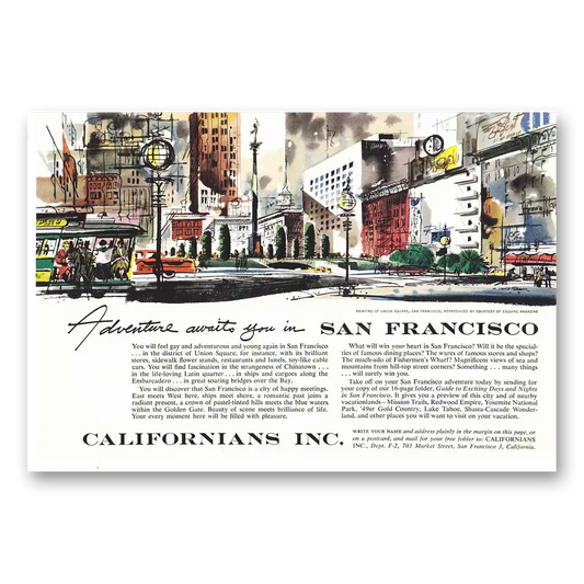 1955 San Francisco California Californians Union Square San Francisco Vintage Magazine Print Ad