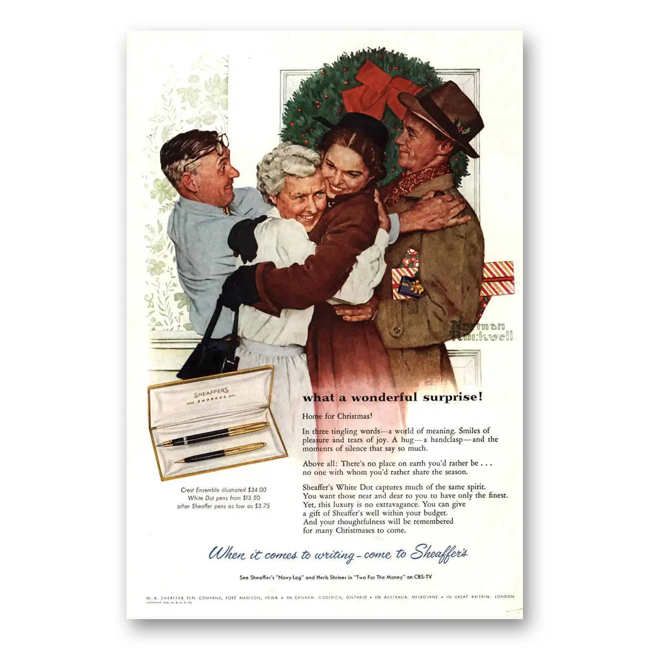 1955 Sheaffers White Dot Pen Wonderful Surprise Norman Rockwell Vintage Magazine Print Ad