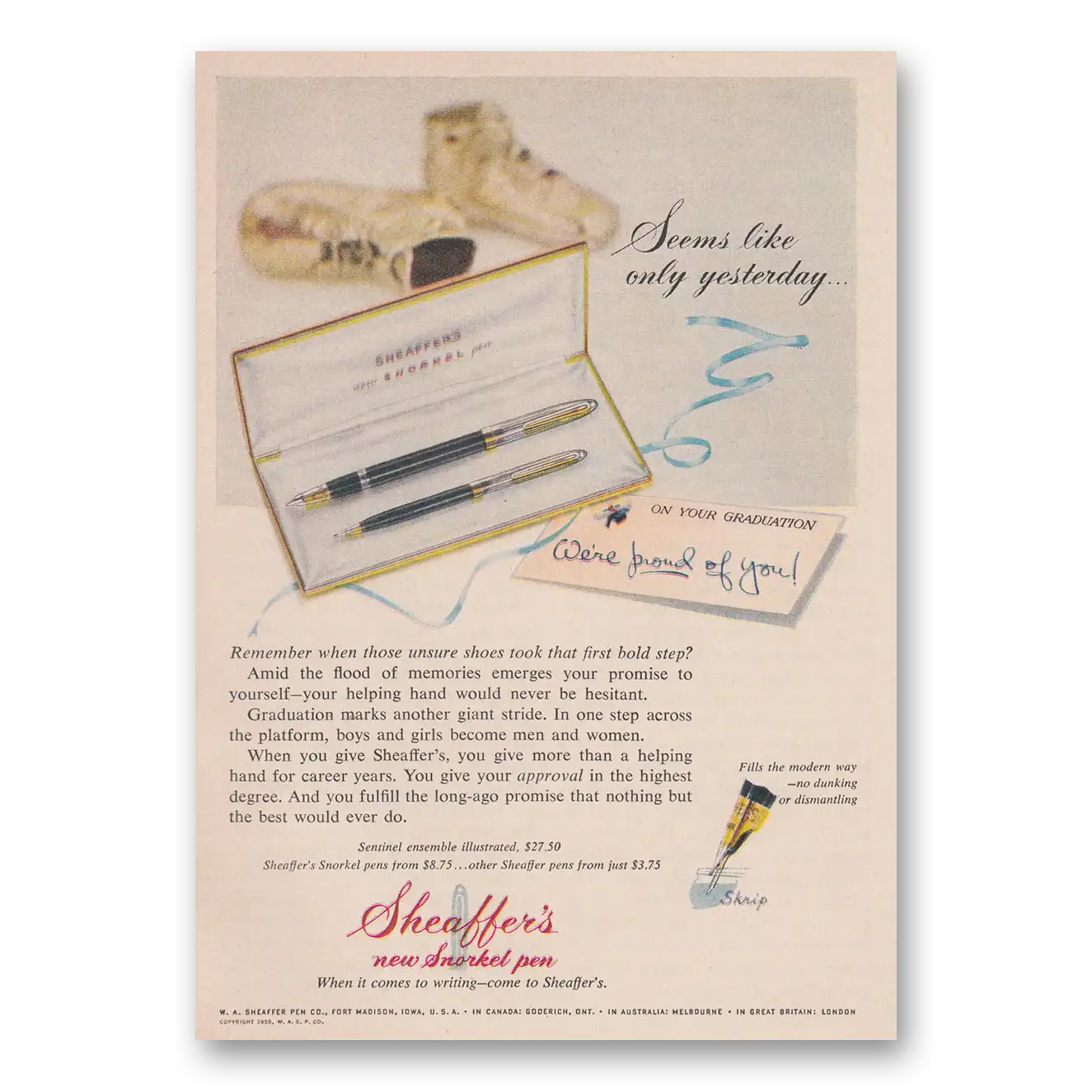 1955 Sheaffers Snorkel Pen Seems Like Only Yesterday Vintage Magazine Print Ad