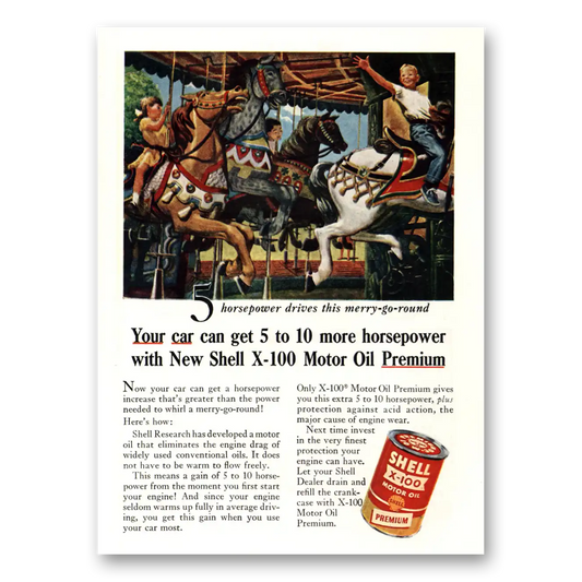 1955 Shell Motor Oil Drives This Merry Go Round Vintage Magazine Print Ad