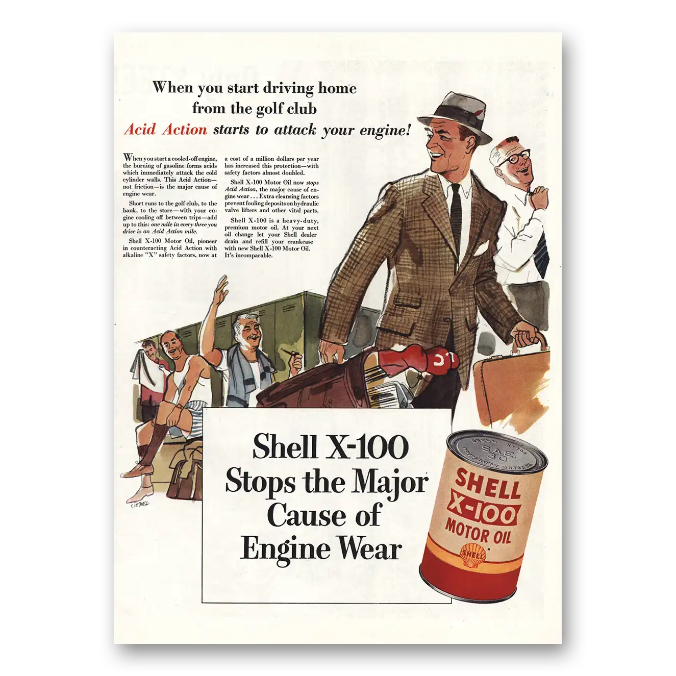 1955 Shell Motor Oil Driving Home From Golf Club Vintage Magazine Print Ad