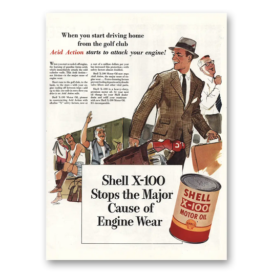 1955 Shell Motor Oil Driving Home From Golf Club Vintage Magazine Print Ad