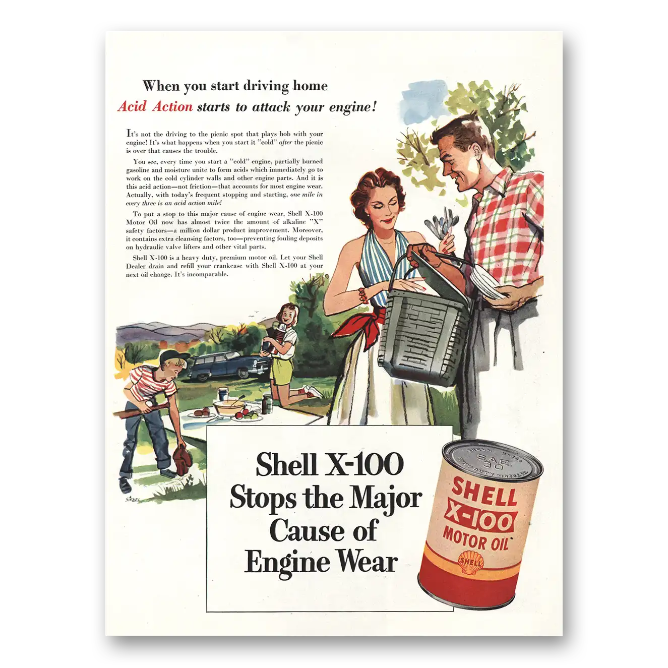 1955 Shell Motor Oil Driving Home Acid Action Vintage Magazine Print Ad