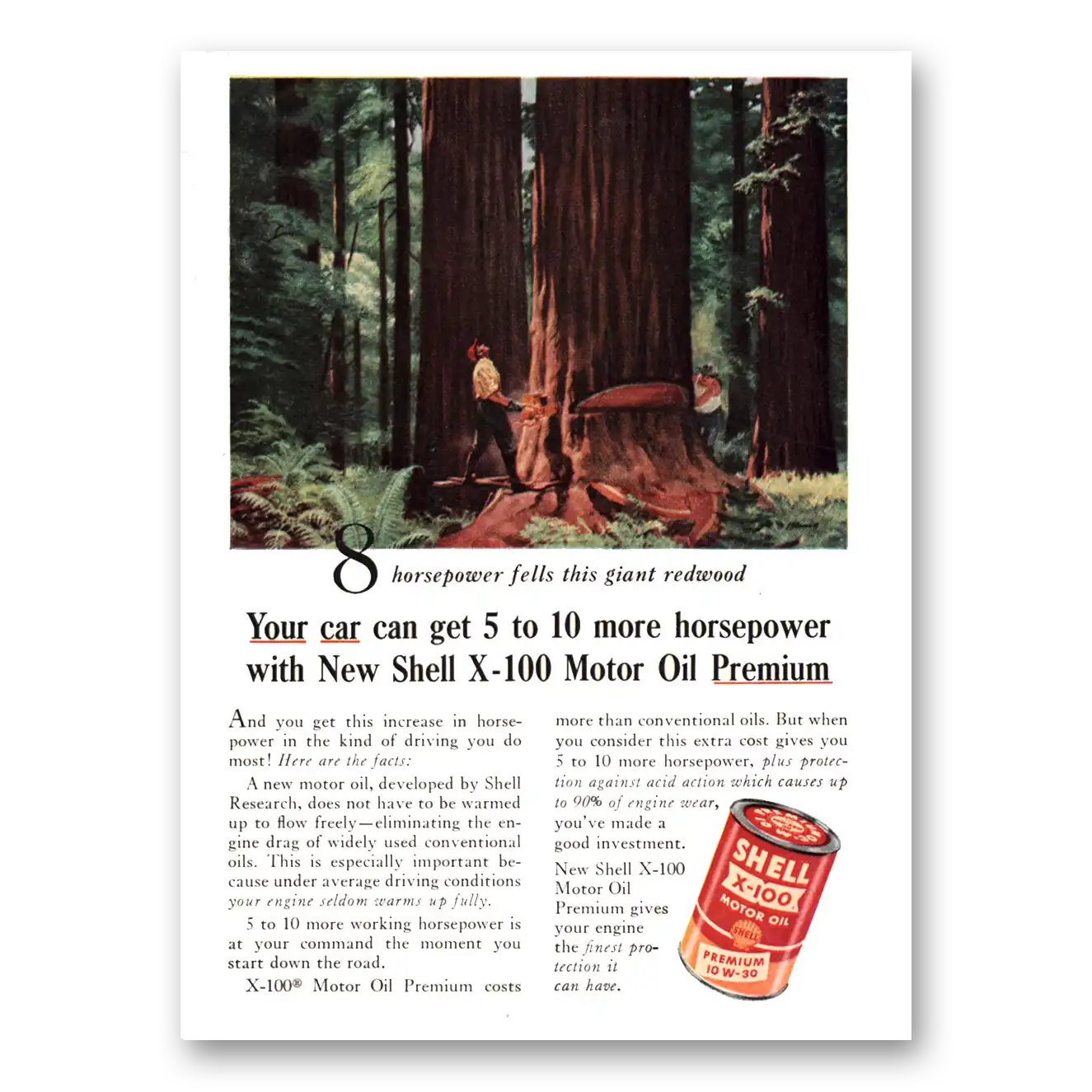 1955 Shell Motor Oil Can Get 5 to 10 More Horsepower Vintage Magazine Print Ad