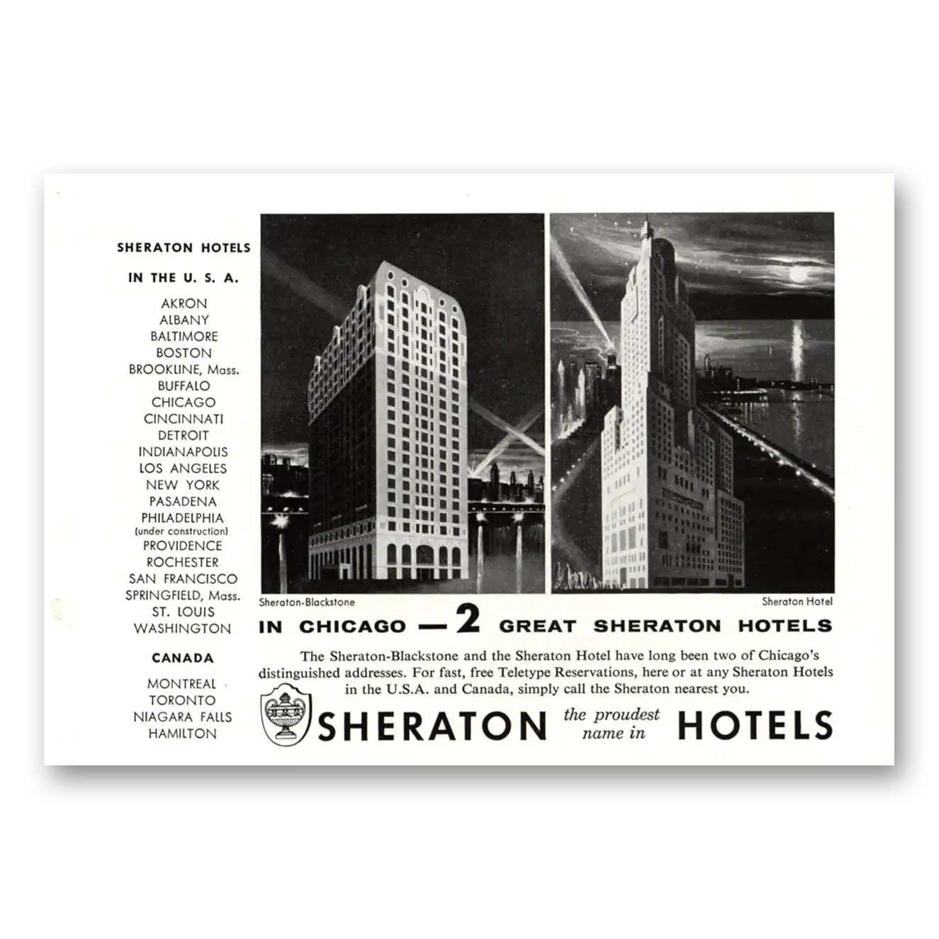 1955 Sheraton Hotels Chicago Blackstone Vintage Magazine Print Ad