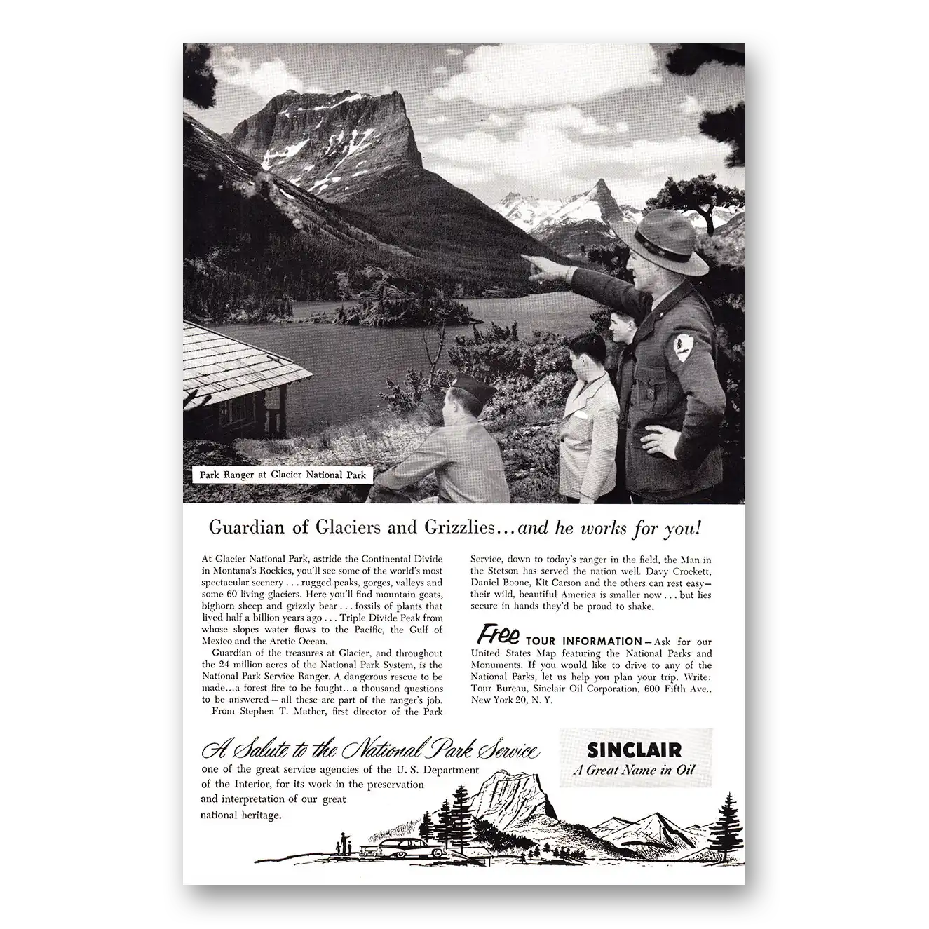 1955 Sinclair Guardian of Glaciers and Grizzlies Vintage Magazine Print Ad