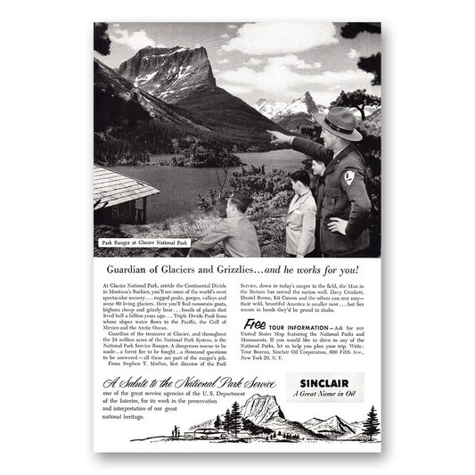 1955 Sinclair Guardian of Glaciers and Grizzlies Vintage Magazine Print Ad