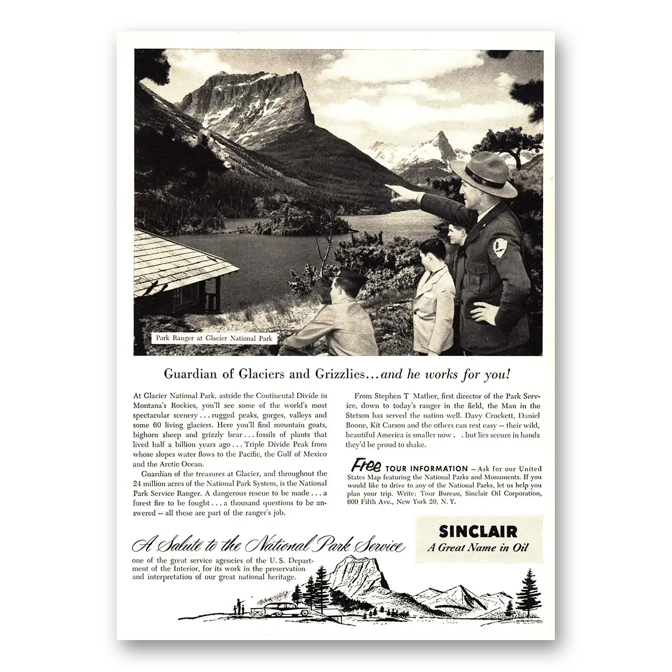 1955 Sinclair Glacier and Grizzlies and He Works for You Vintage Magazine Print Ad