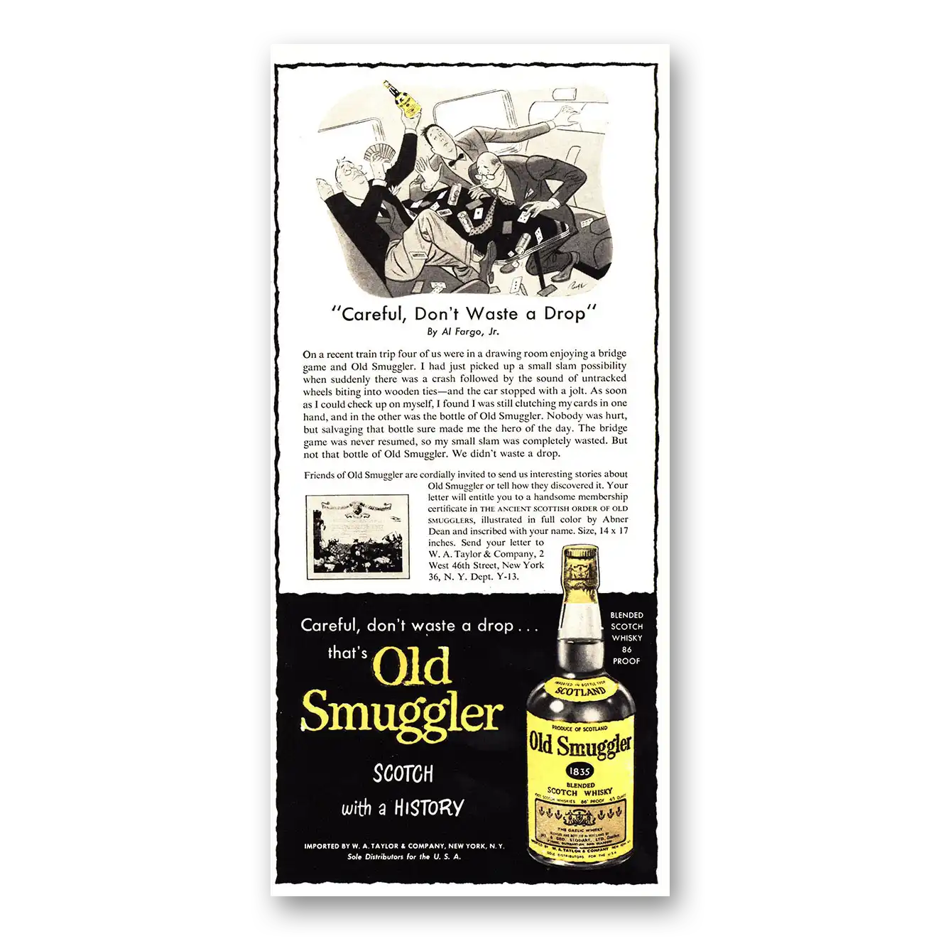 1955 Old Smuggler Scotch Whisky Careful Don't Waste a Drop Vintage Magazine Print Ad