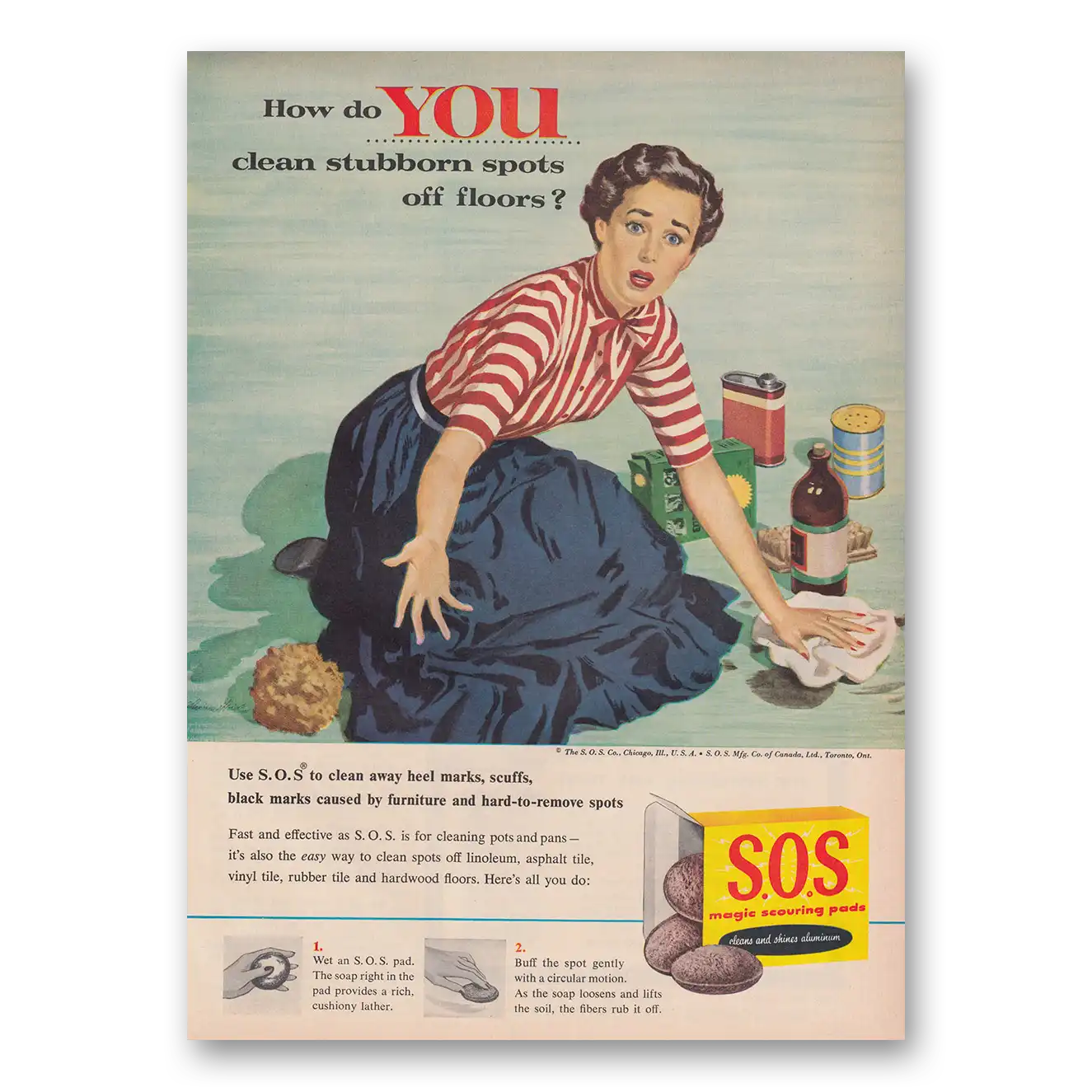 1955 SOS Scouring Pads How Do You Clean Stubborn Spots Off Floors Vintage Magazine Print Ad