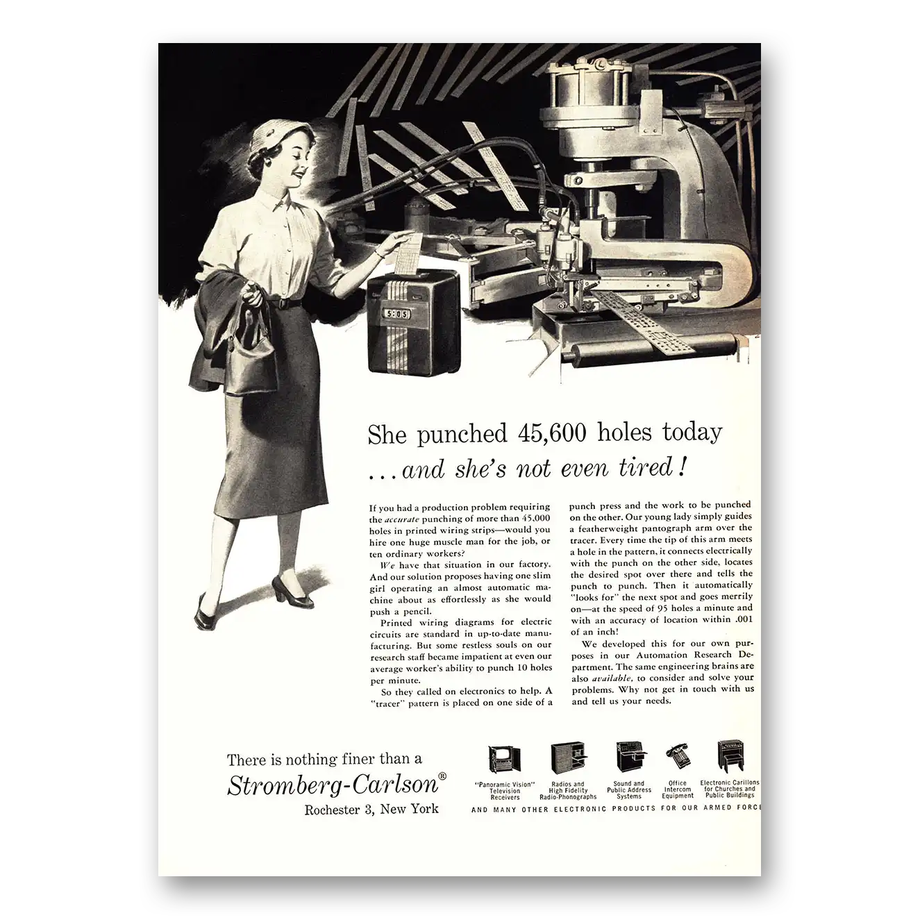 1955 Stromberg Carlson She Punched 45600 Holes Today Vintage Magazine Print Ad