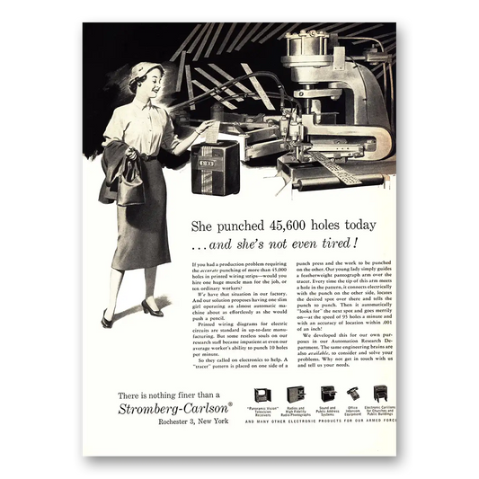 1955 Stromberg Carlson She Punched 45600 Holes Today Vintage Magazine Print Ad